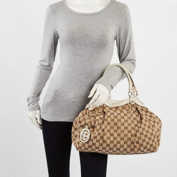 Gucci Beige/White GG Canvas Embossed Leather Medium Sukey Tote Bag - Picture 1 of 13